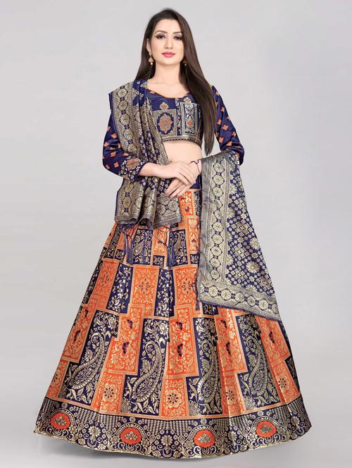 navy blue & orange semi stitched flared lehenga - 20407671 - Very Small Image - 1