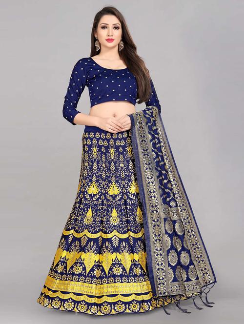 women blue semi-stitched banarasi lehenga choli - 20407773 - Very Small Image - 1