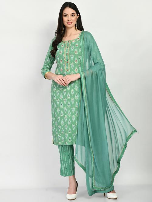 women green round neck kurta pant set with dupatta - 20407970 - Very Small Image - 1