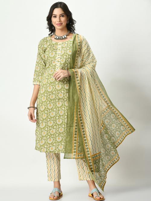 green kurta pant set with dupatta - 20410454 - Very Small Image - 1