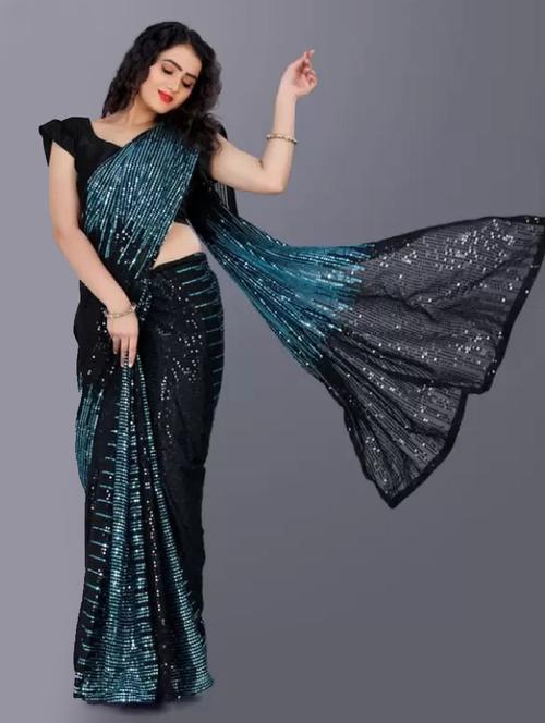 teal green all over sequins work saree with blouse - 20411144 - Very Small Image - 1