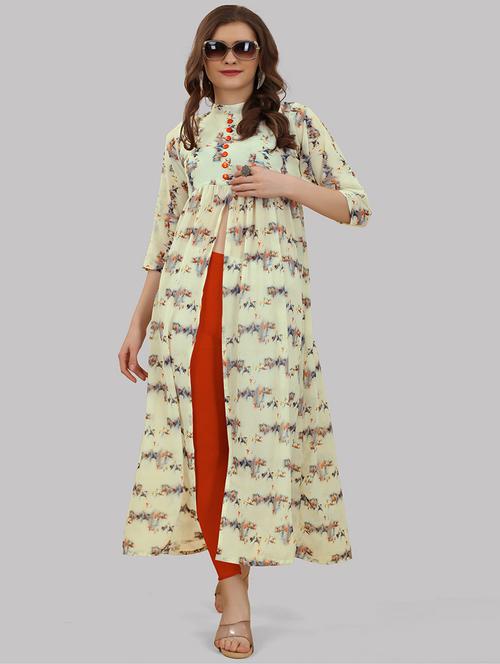 women yellow floral print front slit kurta - 20411958 - Very Small Image - 1