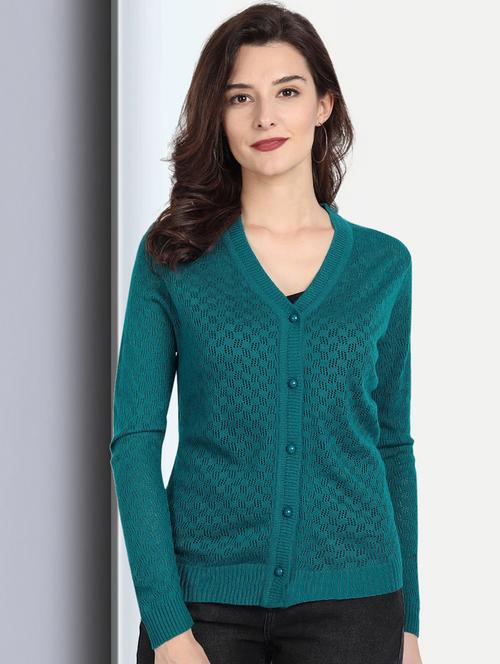 teal self designed long sleeves cardigan - 20412099 - Very Small Image - 1