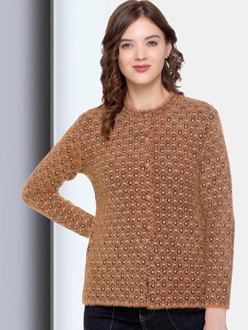 orange self designed long sleeves cardigan - 20412133 - Very Small Image - 1