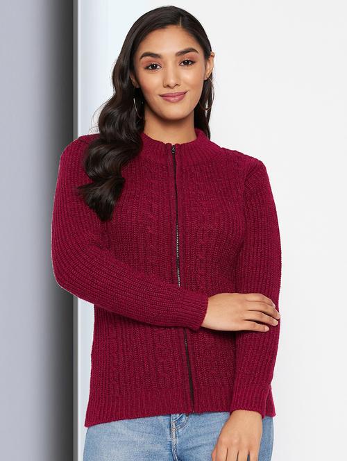 maroon self designed long sleeves cardigan - 20412153 - Very Small Image - 1