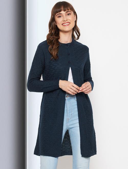 teal self designed long sleeves cardigan - 20412165 - Very Small Image - 1