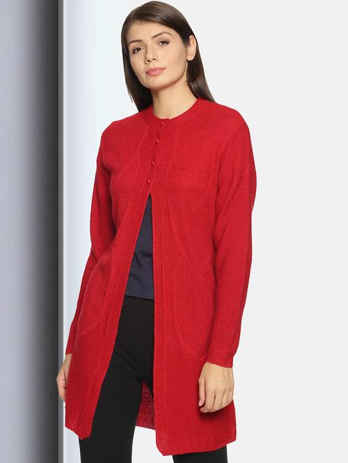 red self designed long sleeves cardigan - 20412178 - Very Small Image - 1
