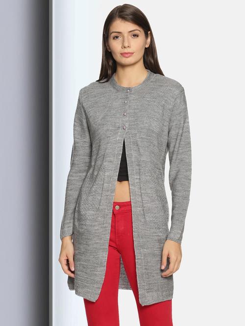 grey self designed long sleeves cardigan - 20412179 - Very Small Image - 1