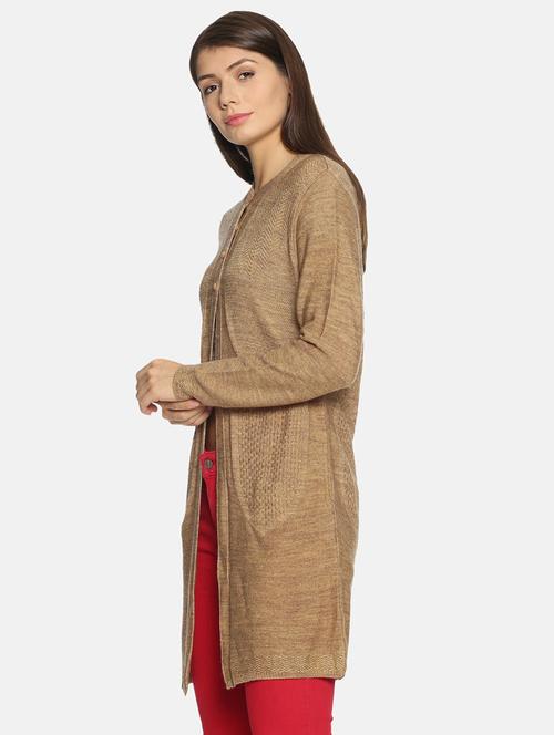 khaki self designed long sleeves cardigan - 20412180 - Very Small Image - 1