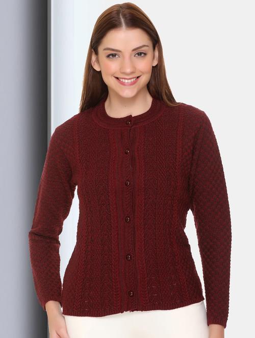 maroon self designed long sleeves cardigan - 20412190 - Very Small Image - 1