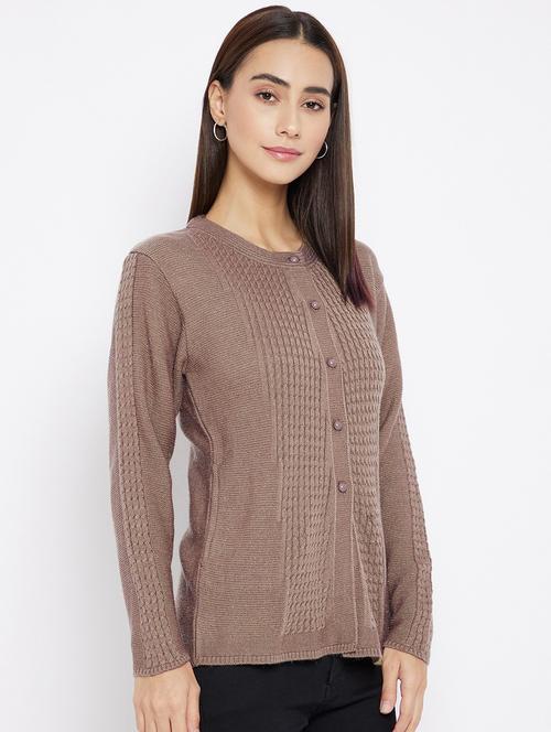 brown self designed long sleeves cardigan - 20412193 - Very Small Image - 1