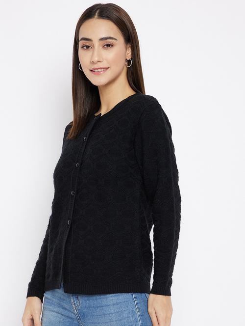 black self designed long sleeves cardigan - 20412196 - Very Small Image - 1