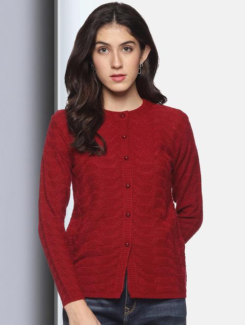 maroon self designed long sleeves cardigan - 20412219 - Very Small Image - 1