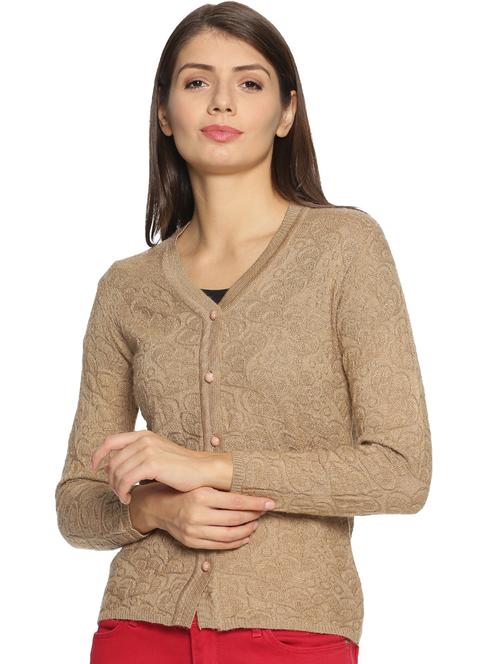 beige self designed long sleeves cardigan - 20412227 - Very Small Image - 1