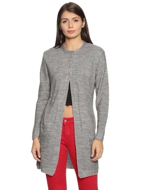 grey self designed long sleeves cardigan - 20412266 - Very Small Image - 1