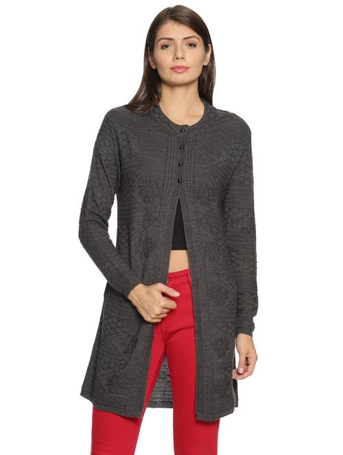 grey self designed long sleeves cardigan - 20412267 - Very Small Image - 1