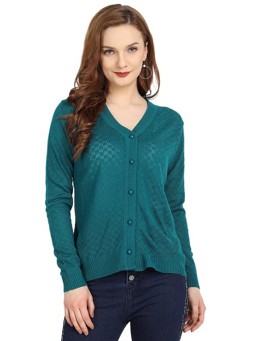 teal self design long sleeves cardigan - 20412286 - Very Small Image - 1