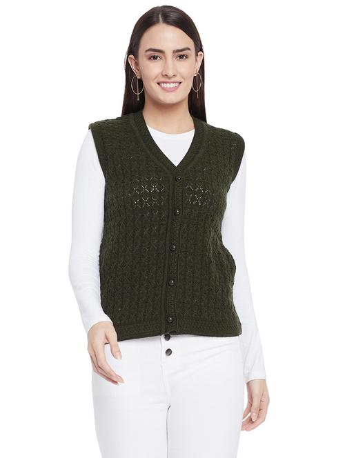 olive self designed sleeveless cardigan - 20412313 - Very Small Image - 1