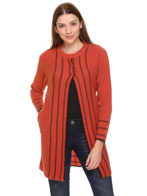orange self design long sleeves cardigan - 20412318 - Very Small Image - 1