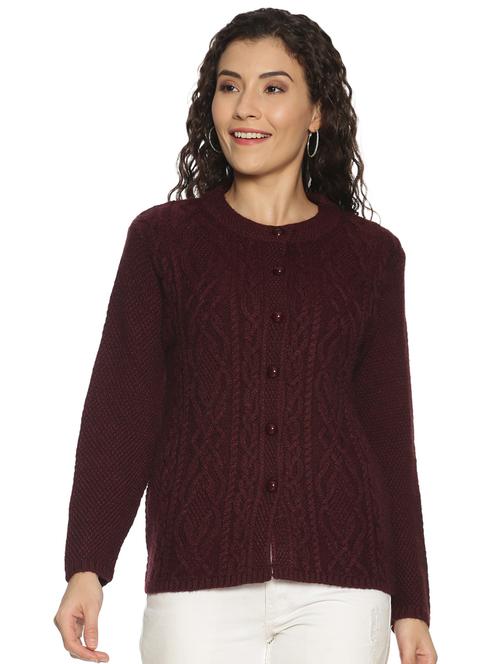coffee brown self designed long sleeves cardigan - 20412362 - Very Small Image - 1