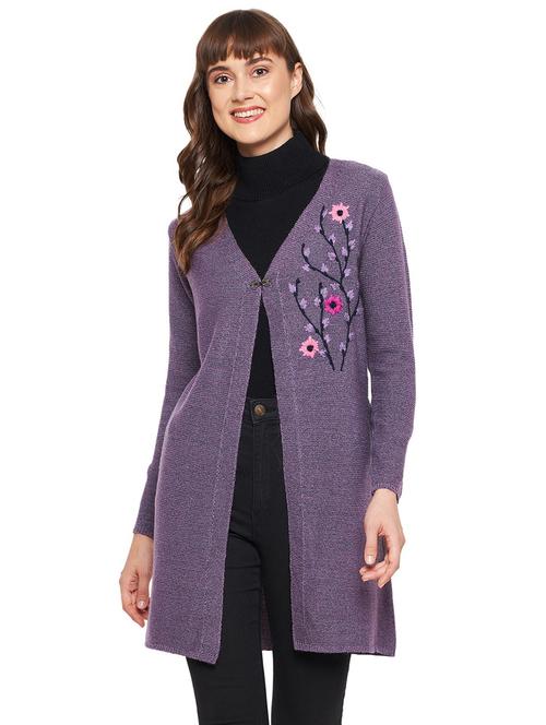 purple self design long sleeves cardigan - 20412366 - Very Small Image - 1