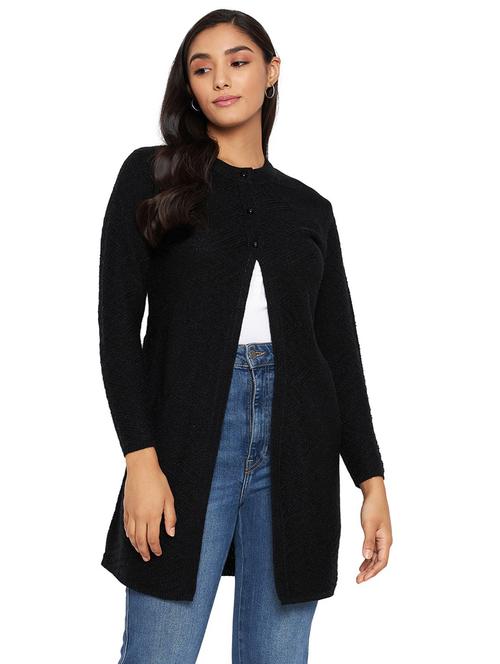 black self designed long sleeves cardigan - 20412385 - Very Small Image - 1