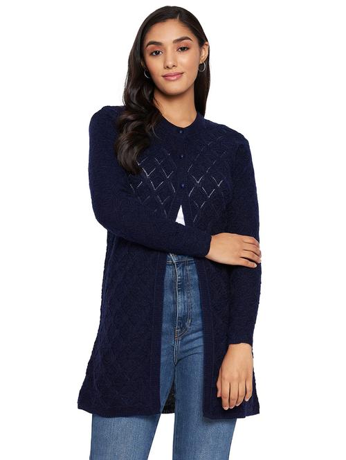 navy blue self designed long sleeves cardigan - 20412390 - Very Small Image - 1