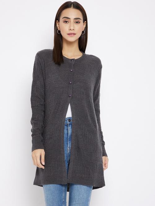 grey self design long sleeves cardigan - 20412398 - Very Small Image - 1