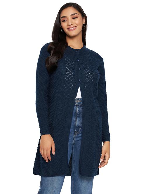 teal self design long sleeve cardigan - 20412412 - Very Small Image - 1