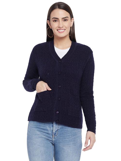 navy blue self design long sleeves cardigan - 20412441 - Very Small Image - 1