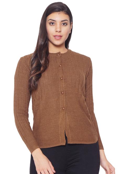 brown self designed long sleeves cardigan - 20412455 - Very Small Image - 1