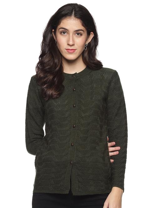 olive self designed long sleeves cardigan - 20412485 - Very Small Image - 1