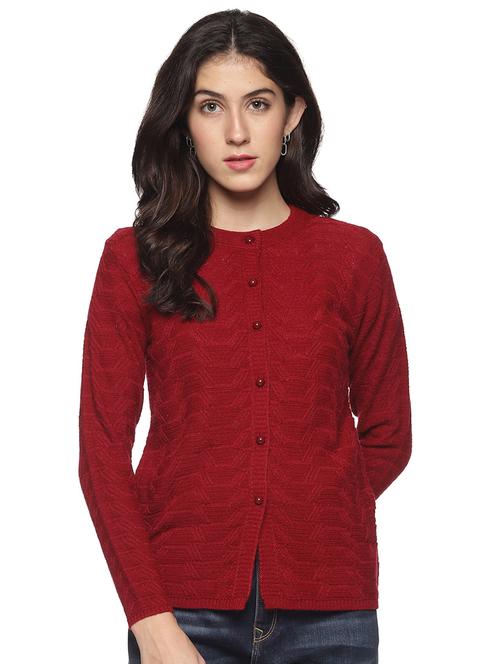 maroon self designed long sleeves cardigan - 20412486 - Very Small Image - 1