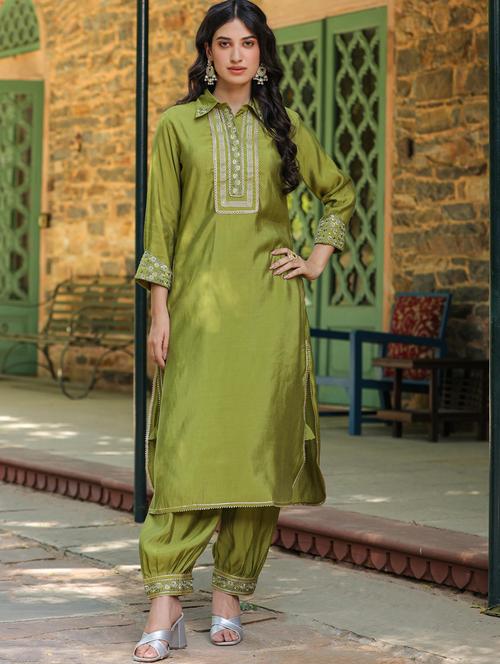 green silk kurta salwar set - 20412700 - Very Small Image - 1