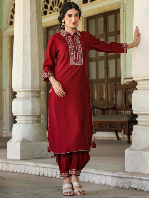 maroon silk kurta salwar set - 20412703 - Very Small Image - 1