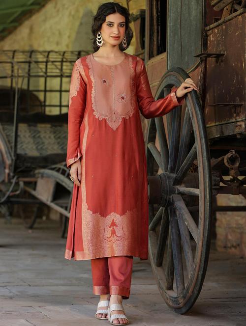 jacquard work rust kurta pant set - 20412713 - Very Small Image - 1