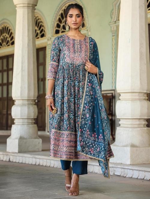 teal floral kurta pant set - 20412720 - Very Small Image - 1