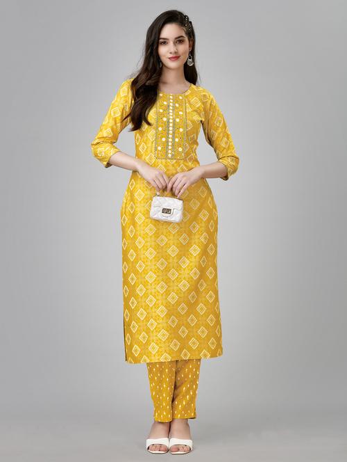 yellow three quarter sleeve kurta pant set - 20412800 - Very Small Image - 1
