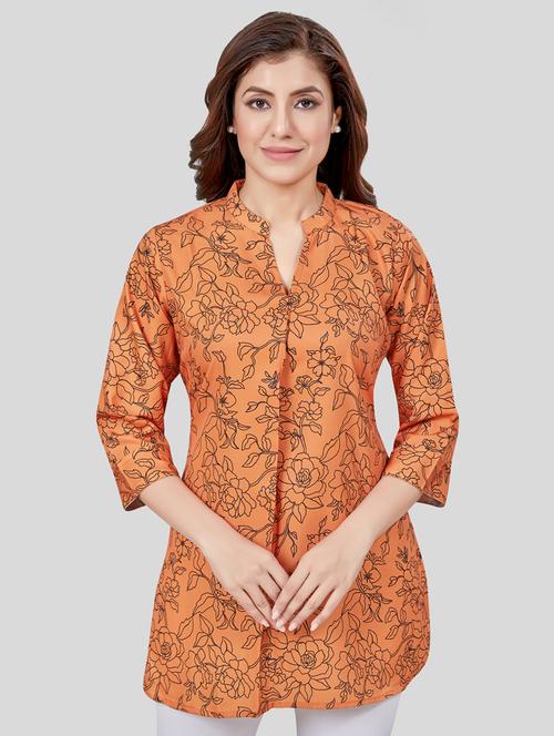 orange three quarter sleeve a-line kurti - 20413584 - Very Small Image - 1
