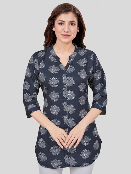 navy blue three quarter sleeve a-line kurti - 20413588 - Very Small Image - 1
