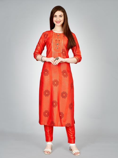 orange three quarter sleeve kurta pant set - 20413633 - Very Small Image - 1