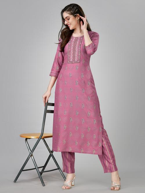 mauve three quarter sleeve kurta pant set - 20413640 - Very Small Image - 1