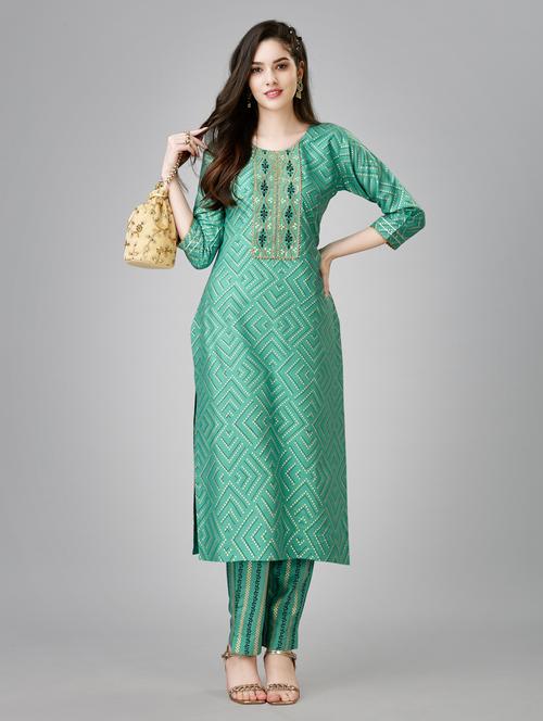 turquoise three quarter sleeve kurta pant set - 20413643 - Very Small Image - 1