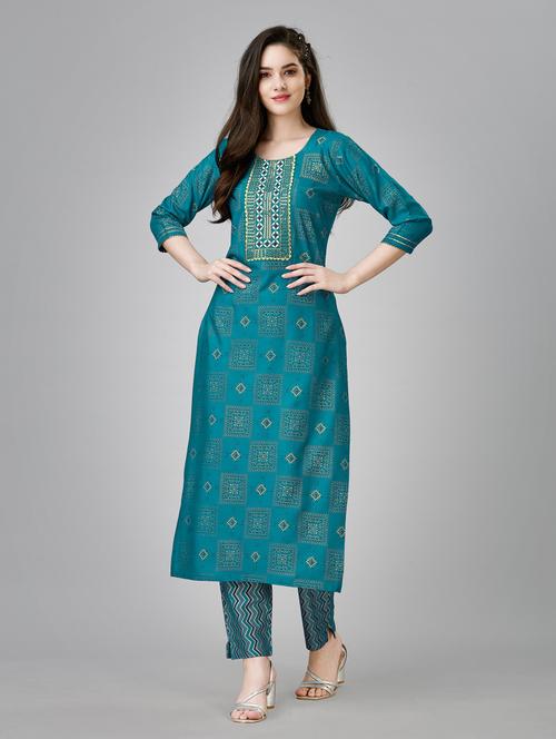 teal three quarter sleeve kurta pant set - 20413644 - Very Small Image - 1