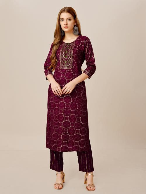 purple three quarter sleeve kurta pant set - 20413645 - Very Small Image - 1