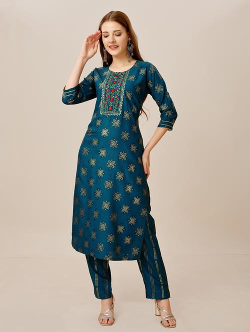 teal three quarter sleeve kurta pant set - 20413647 - Very Small Image - 1