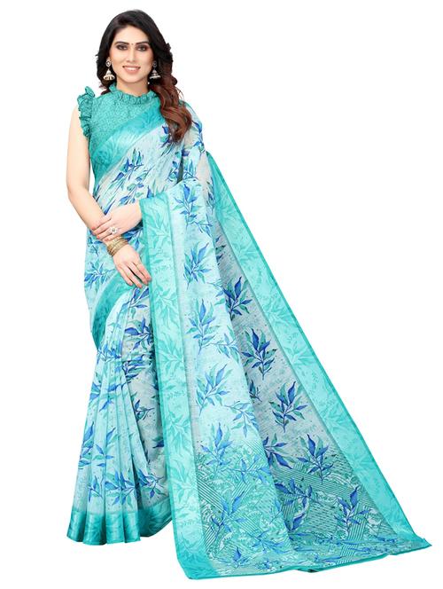 light blue linen printed saree with blouse - 20415257 - Very Small Image - 1