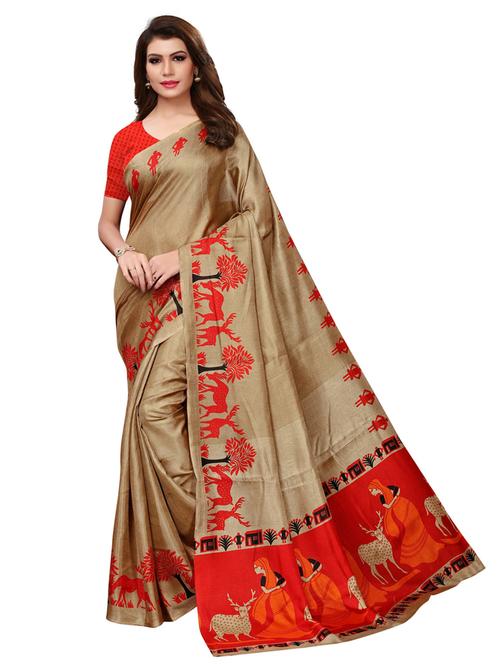 beige printed saree with blouse - 20415268 - Very Small Image - 1