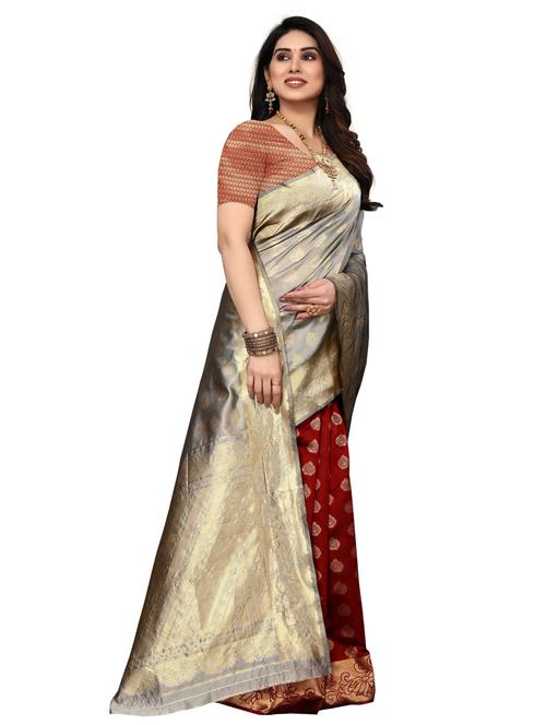 maroon & grey self design kanjivaram saree with blouse - 20415301 - Very Small Image - 1