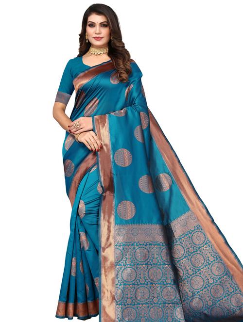 blue self design kanjivaram saree with blouse - 20415449 - Very Small Image - 1